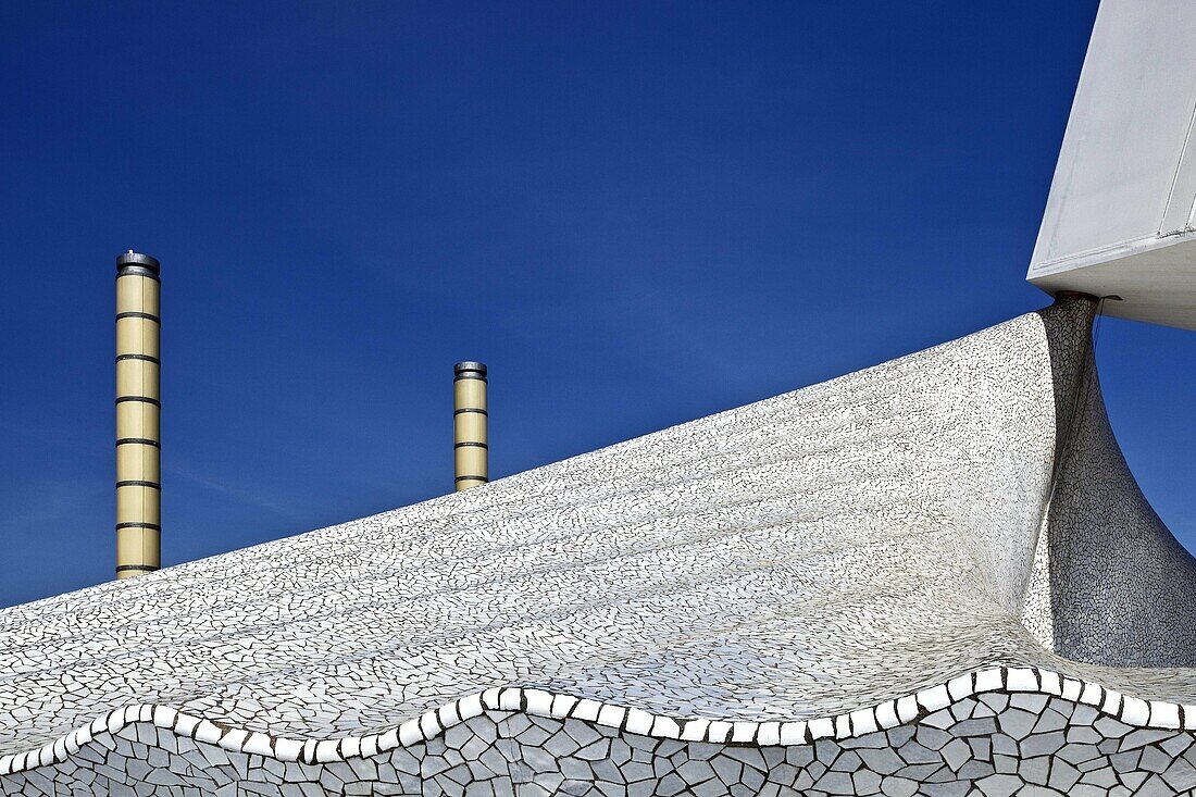 Spain, Cataluna, Barcelona, Santa Eulalia, Sants Montjuic, vtiling detail at the base of the Telefonica Olympic TV Tower designed by the Architect Santiago Calatrava