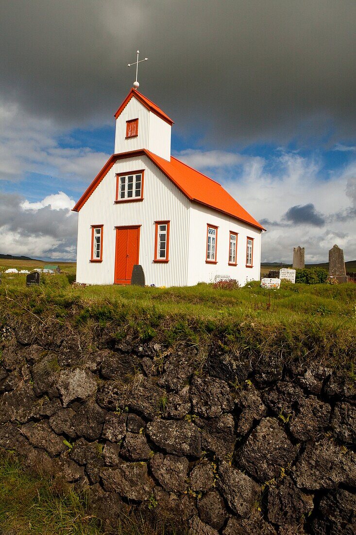 Cemetery, Church, Graveyard, Iceland, Landscape, Landscapes, nature, Red, Rock, Roof, scenic, Scenic, Scenics, Steeple, White, S19-922352, agefotostock 