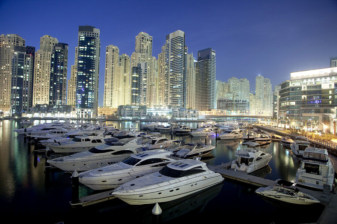 New Quarter Dubai Marina at dusk with yachting port, Dubai, United Arabian Emirates
