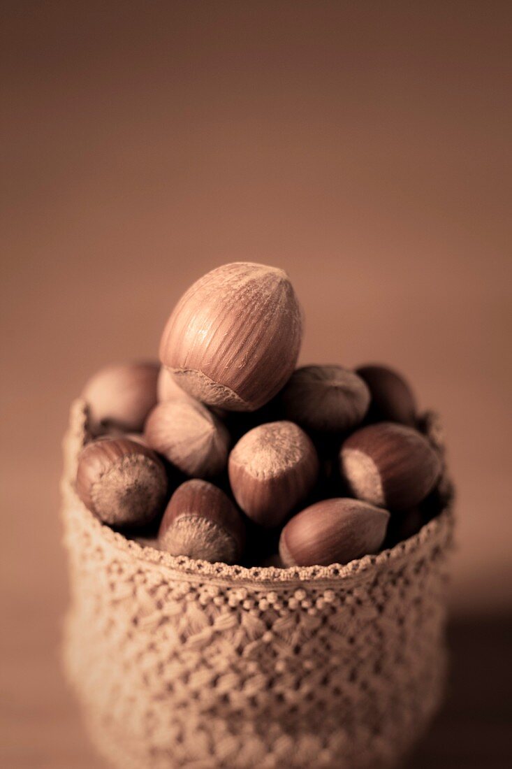 Small macramé basket full of hazelnuts  Handicraft