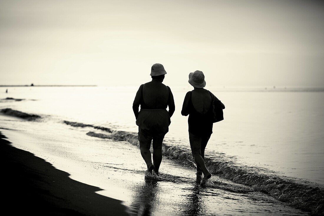 Two women walking along the seashore  Vacation days  Backlit