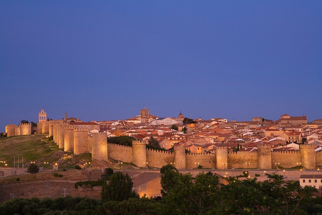 Night view of the Ávila city, World Heritage City in Castilla y León, Spain
