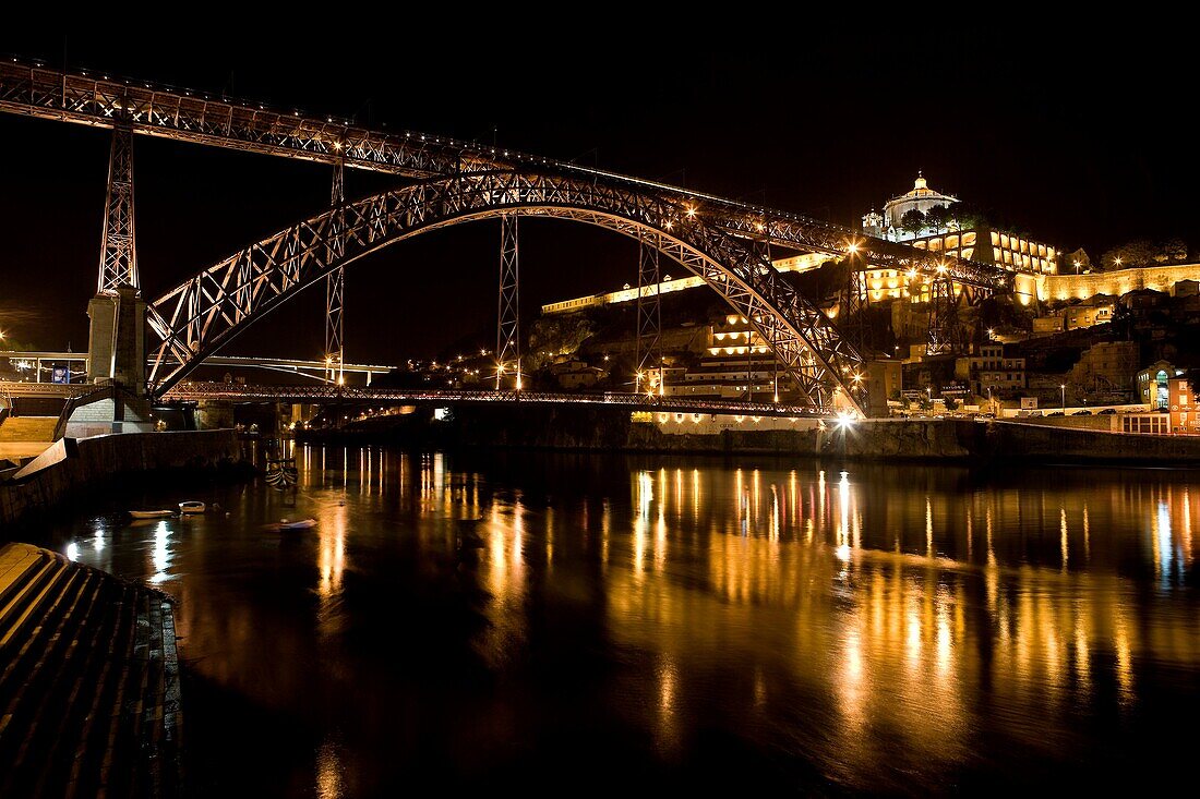 Night view of the Don Luis I Bridge, over the Douro river  World Heritage  Oporto  Portugal