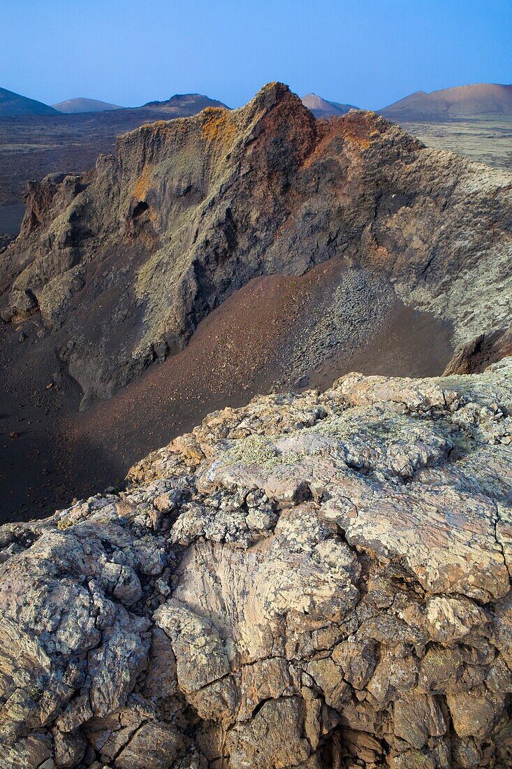 Lave in the crater rim of Raven Volcano  Volcan del Cuervo  Mancha Blanca  Tinajo  Lanzarote  Las Palmas province  Canary Islands  Spain