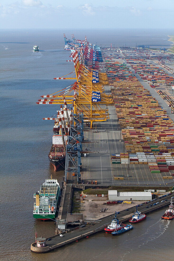 Aerial view of the container port, Containers, loading cranes and ships along the quai, Bremerhaven, northern Germany