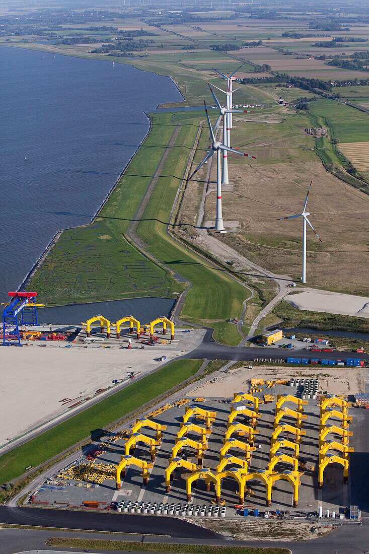 Wind turbines near harbor, Cuxhaven, Lower Saxony, Germany