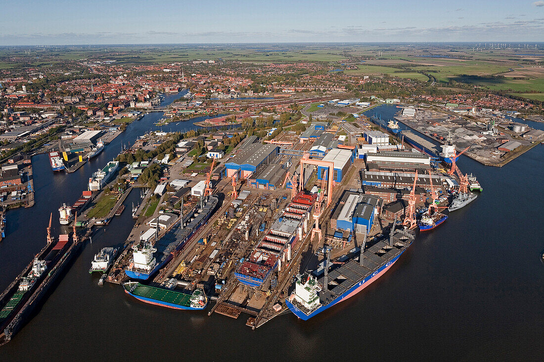 Aerial shot harbor and shipyards, Emden, Lower Saxony, Germany