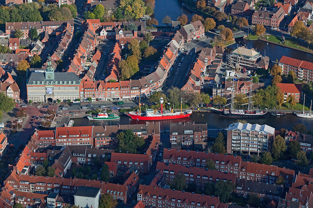 Aerial shot old town and harbor, Emden, Lower Saxony, Germany