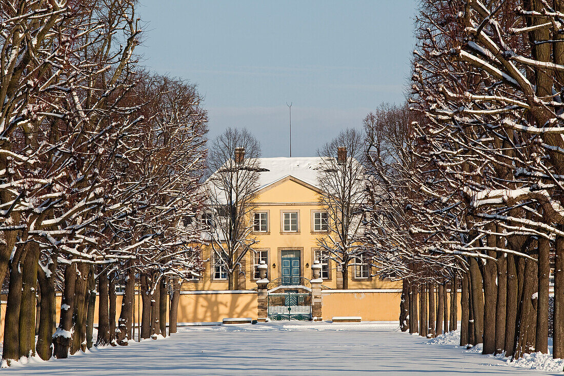 Herrenhäuser Gärten im Schnee, Hardenbergsches Haus, Grosser Garten, Allee, Hannover, Niedersachsen, Deutschland