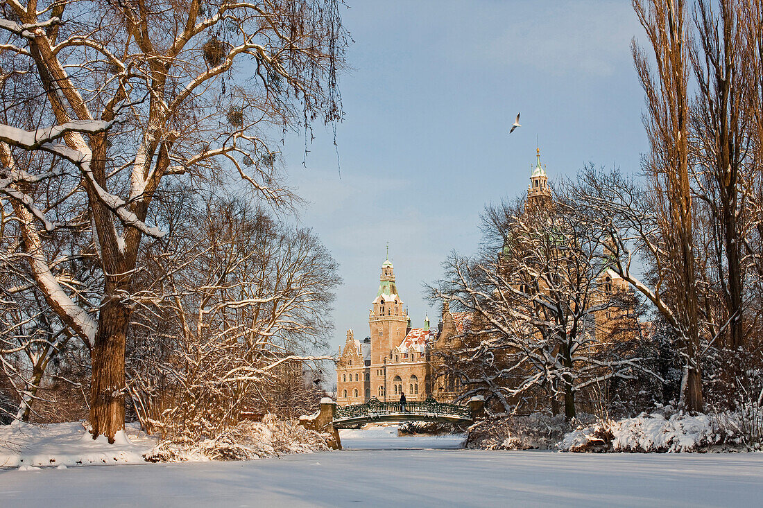 Blick über Maschsee im Winter auf Neues Rathaus, Hannover, Niedersachsen, Deutschland