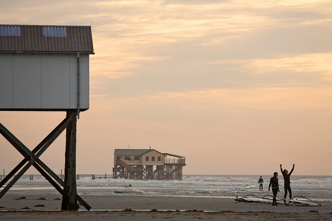 Stilt houses in evening light, St Peter-Ording, Schleswig-Holstein, Germany