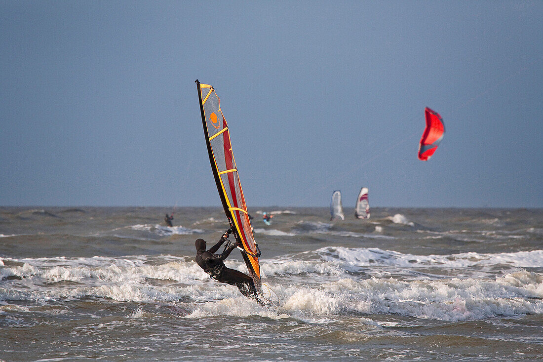 Windsurfer und Kitesurfer in den Wellen, St. Peter-Ording, Schleswig-Holstein, Deutschland