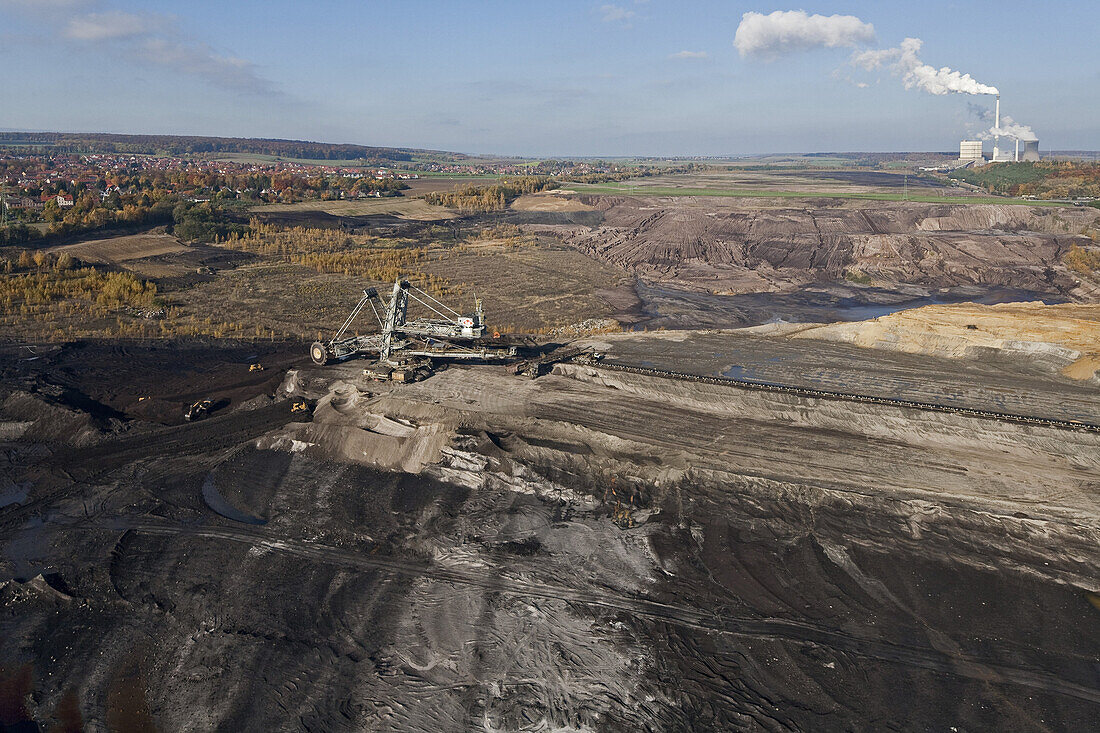 Aerial view of a bucket-wheel excavator with conveyor belt in for open-pit lignite mining, brown coal, Schöningen, Lower Saxony, Germany
