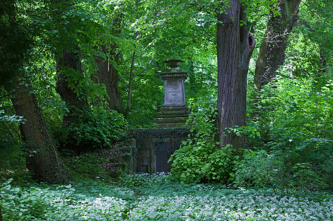 Gravestone amongst old trees in Wrisberg Garden, Wrisbergholzen. Lower Saxony, Germany
