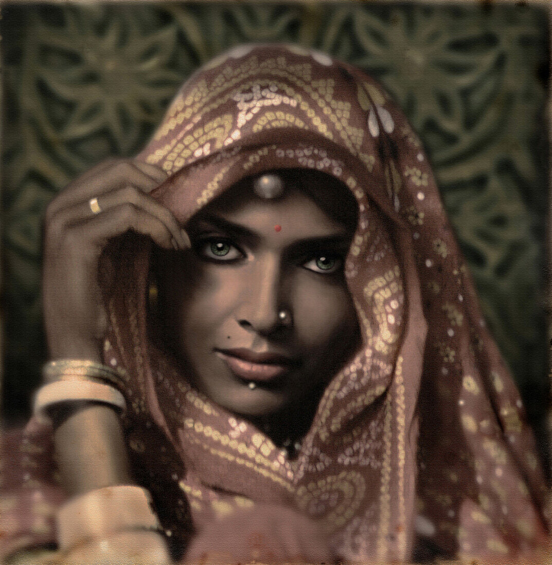 Schöne junge Frau mit Schleier am königlichen Hof in Rajasthan, Indien, Asien