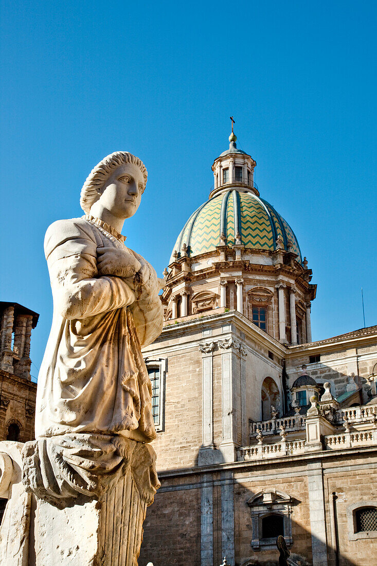 Fountain and statue, Piazza Pretoria, Palermo, Sicily, Italy