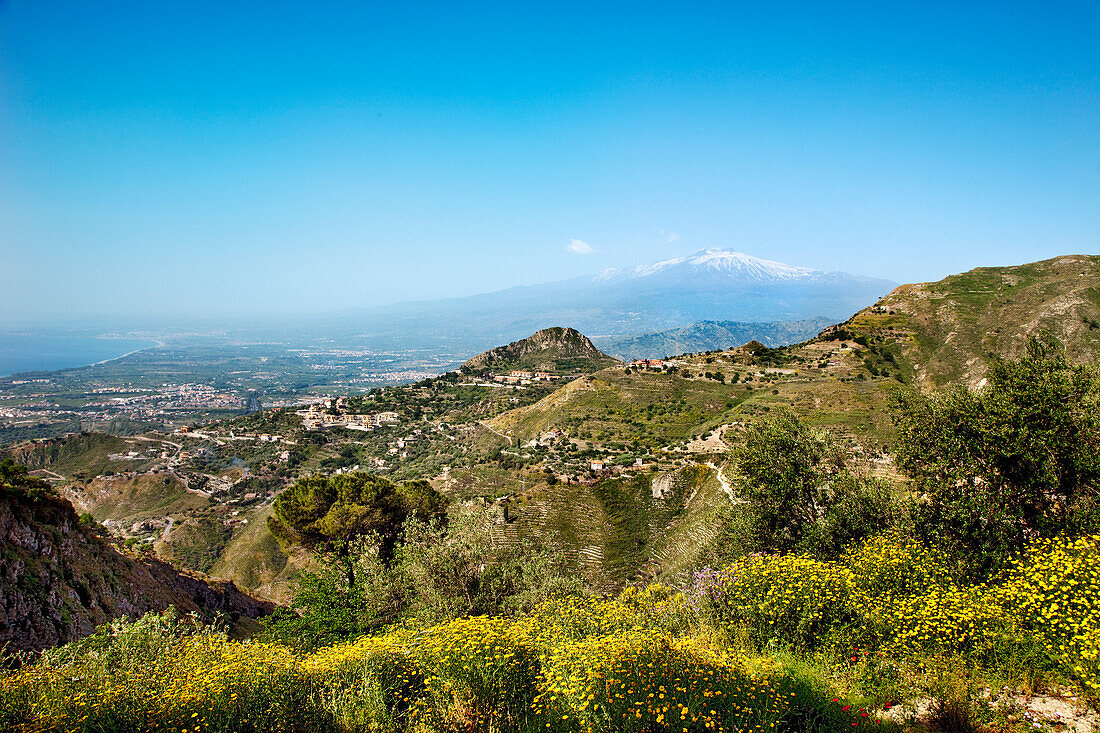 View from Castelmola, Taormina towards Mount Etna, Sicily, Italy