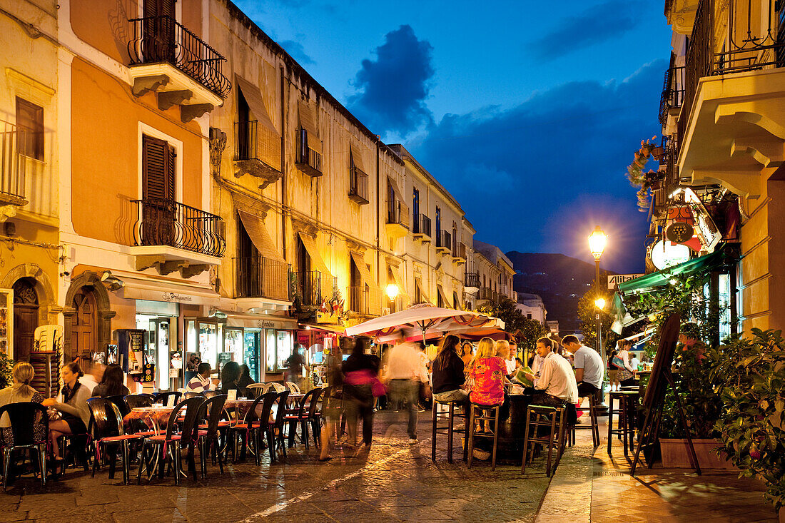 Bar at mainstreet, Lipari city, Island of Lipari, Aeolian islands, Sicily, Italy