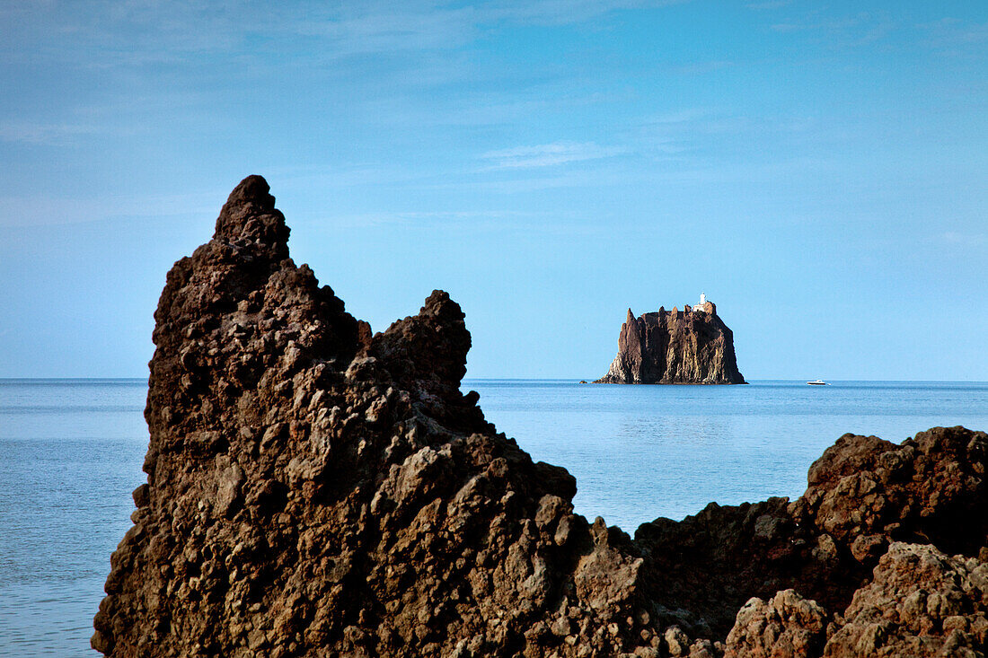 Cliff island Strombolicchio, Stromboli volcanic Island, Aeolian islands, Sicily, Italy