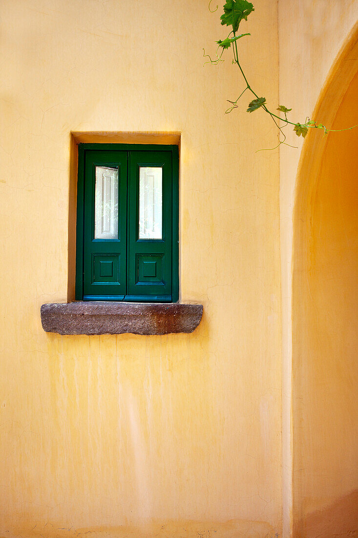 Window and yellow wall, Hotel Signum, Malfa, Salina Island, Aeolian islands, Sicily, Italy