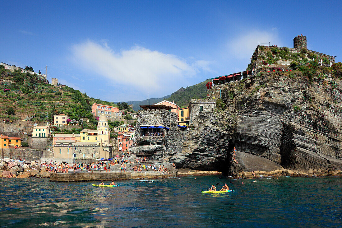 View from the sea to Vernazza, boat trip along the coastline, Cinque Terre, Liguria, Italian Riviera, Italy, Europe