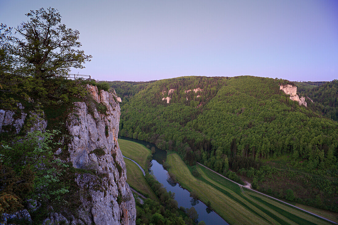 View to the Eichfelsen rocks above the Danube river, near Beuron monastery, Upper Danube nature park, Danube river, Baden-Württemberg, Germany