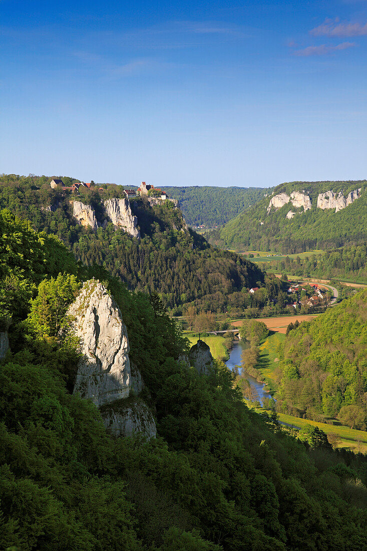 View over the Danube valley towards Werenwag castle, Upper Danube nature park, Danube river, Baden-Württemberg, Germany