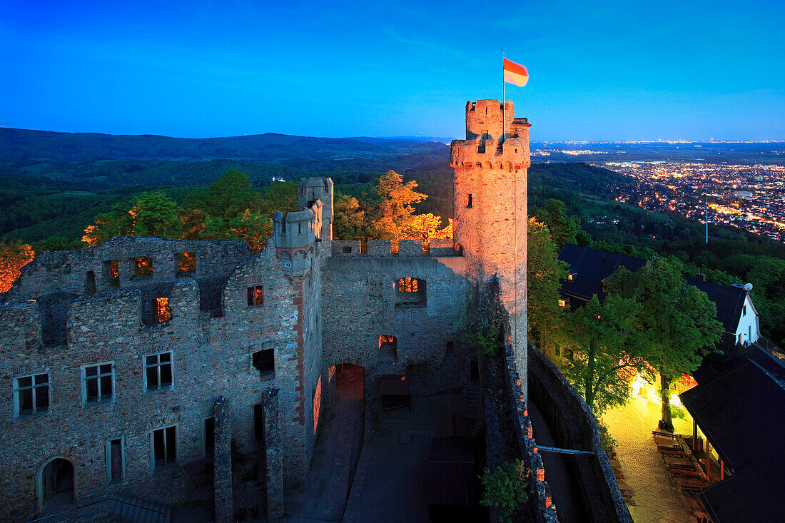View from the illuminated Auerbach castle near Bensheim to the Rhine river, Hessische Bergstrasse, Hesse, Germany