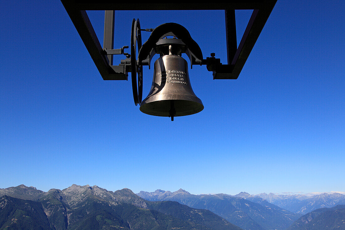 Bell at chapel Santa Maria degli Angeli, (Architect: Mario Botta), Alpe Foppa, hike in the mountains to Monte Tamaro, Ticino, Switzerland
