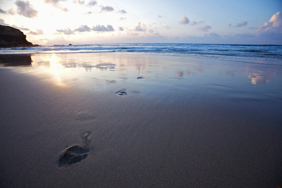 Footprints at beach, Istmo de la Pared, Fuerteventura, Spain