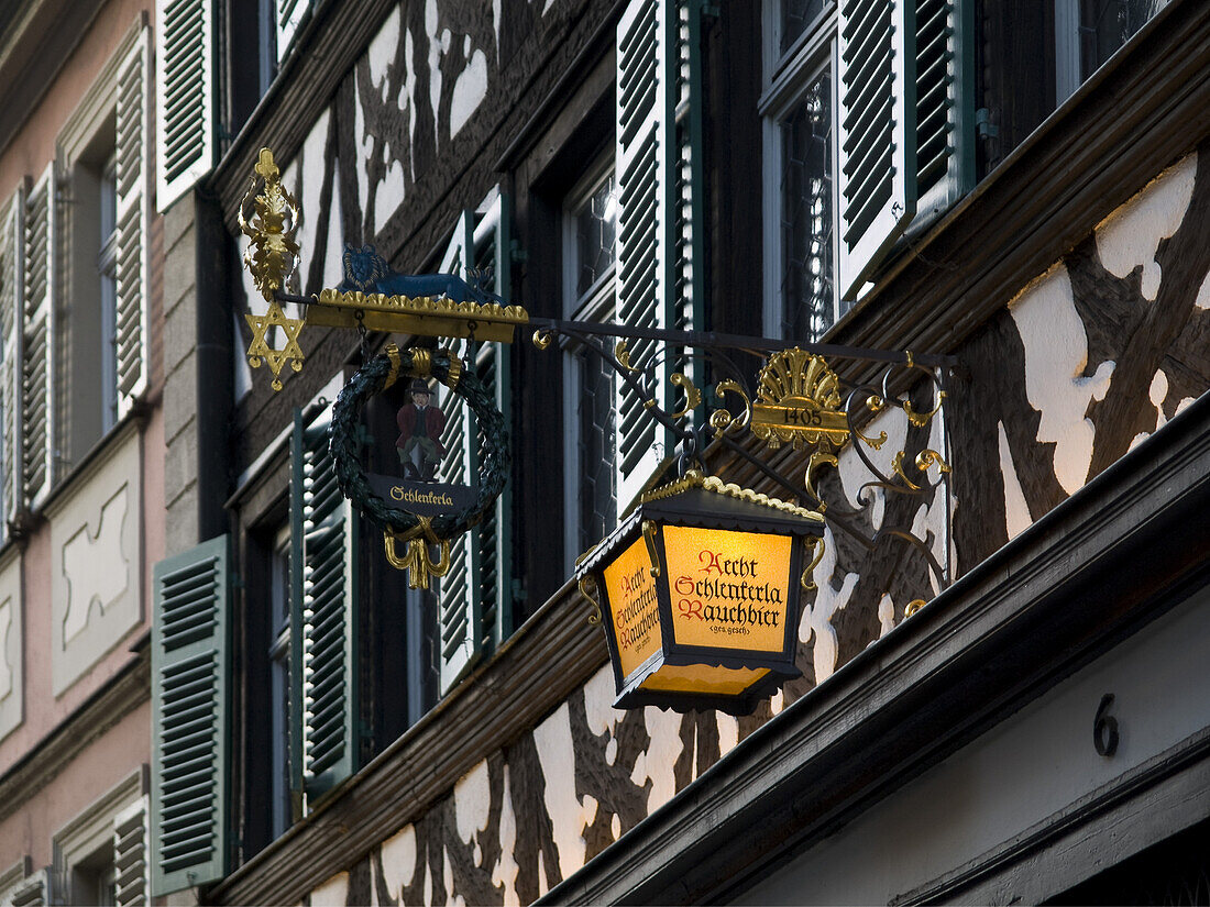 Lantern at the historical brewpub Schlenkerla, Bamberg, Bavaria, Germany