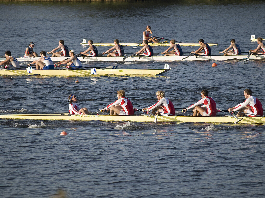 Rowing regatta on river Dove Elbe, Hamburg, Germany