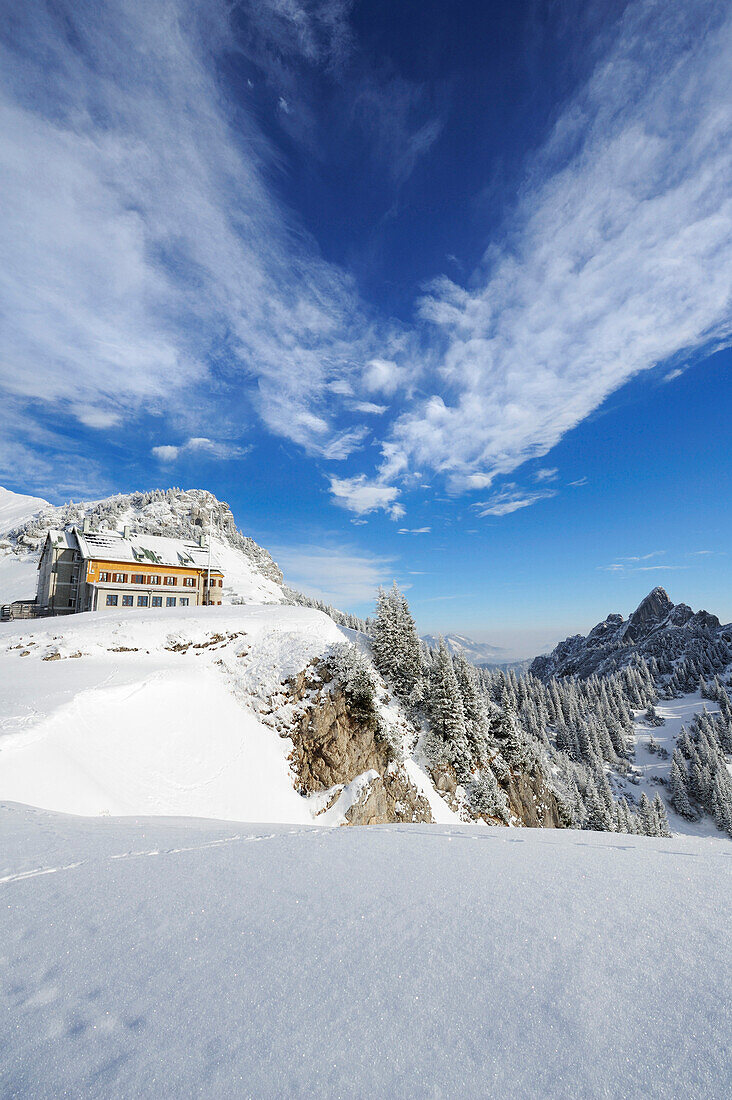 Rotwandhaus Hut in front of Rotwand and Ruchenkoepfe, Rotwand, Spitzing area, Bavarian Pre-Alps, Bavarian Alps, Upper Bavaria, Bavaria, Germany