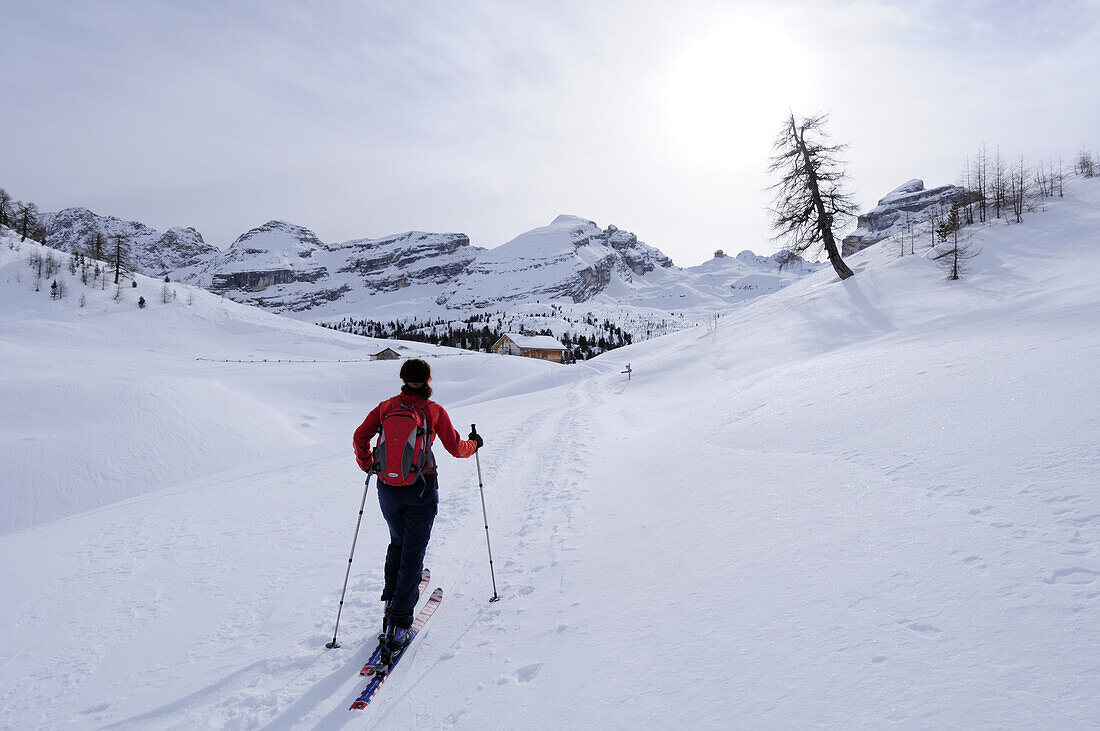 Frau auf Skitour steigt zu Almgebäude auf, Fanes-Sennes-Gruppe im Hintergrund, Naturpark Fanes-Sennes, UNESCO Weltkulturerbe, Dolomiten, Südtirol, Italien