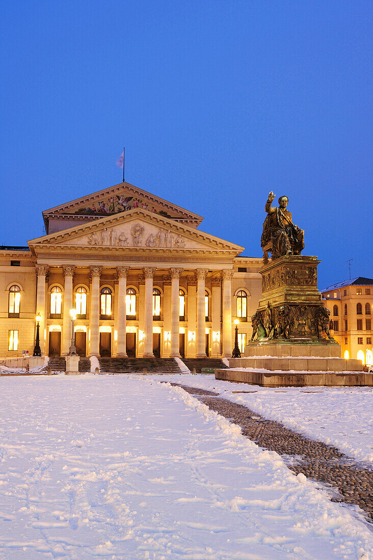 Illuminated national theatre with statue of Max Joseph in the foreground, night shot, Munich, Upper Bavaria, Bavaria, Germany