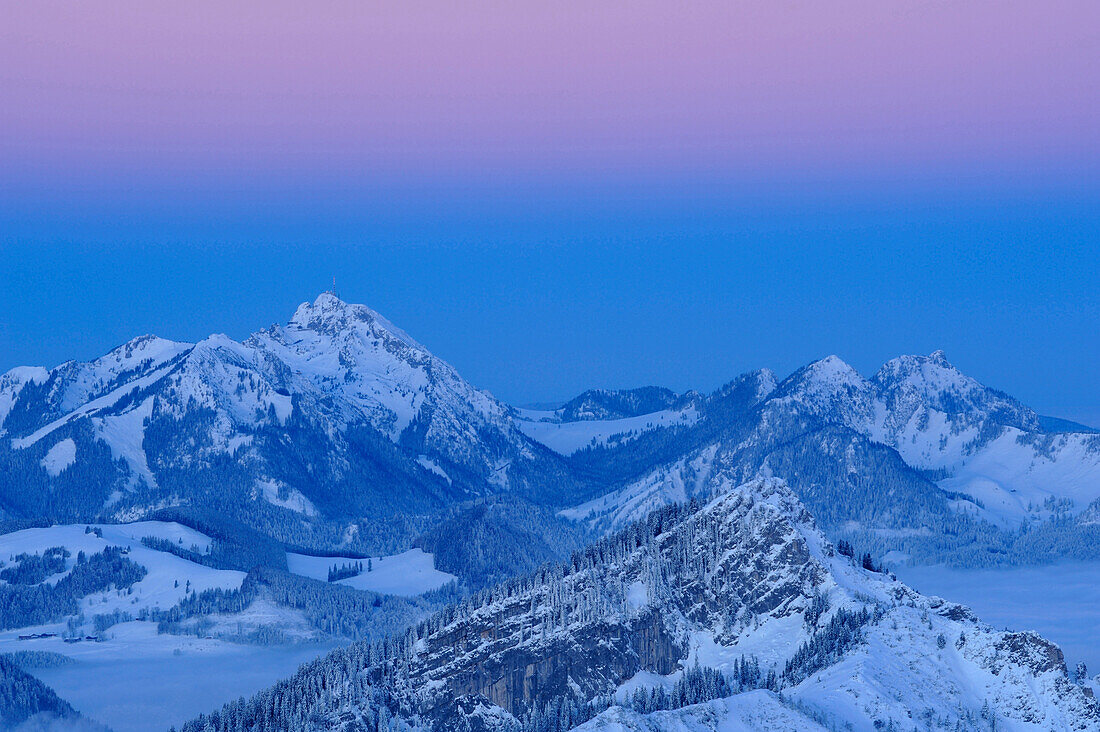 Wendelstein and Mangfall mountain range at dawn, Geigelstein, Chiemgau range, Bavarian Alps range, Upper Bavaria, Bavaria, Germany