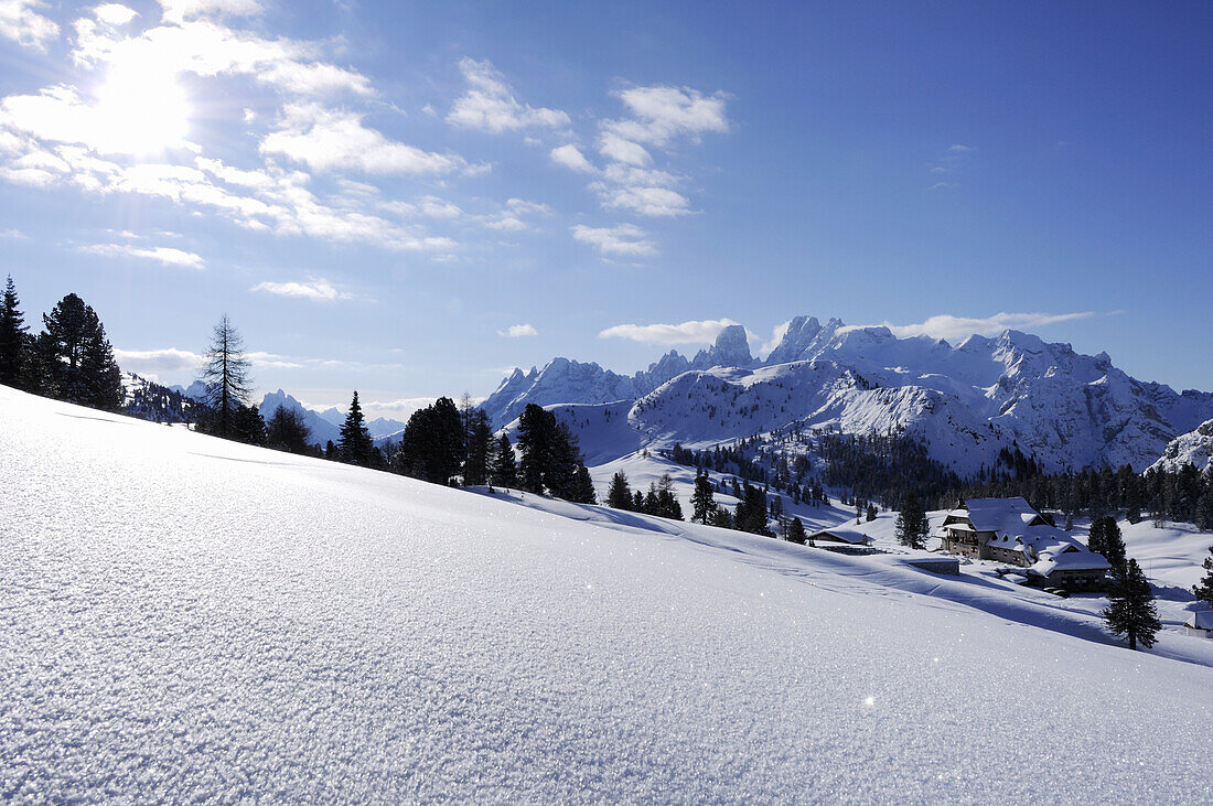 Wide field of snow with Cristallo mountain range in the background, Plaetzwiese, Fanes-Sennes natural park, UNESCO World Heritage Site, Dolomites, South Tyrol, Italy