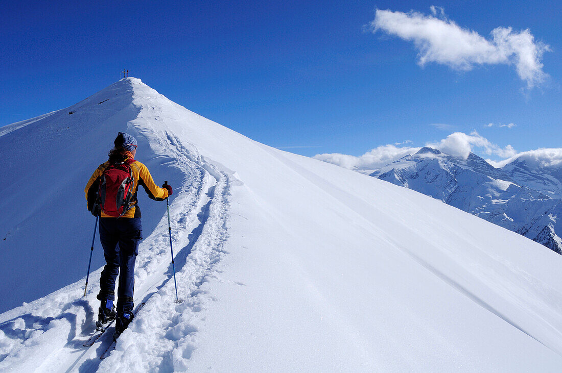 Woman backcountry skiing, ascending mountain on snow-covered ridge, Kreuzjoechl, Tuxer Alpen range, Tyrol, Austria