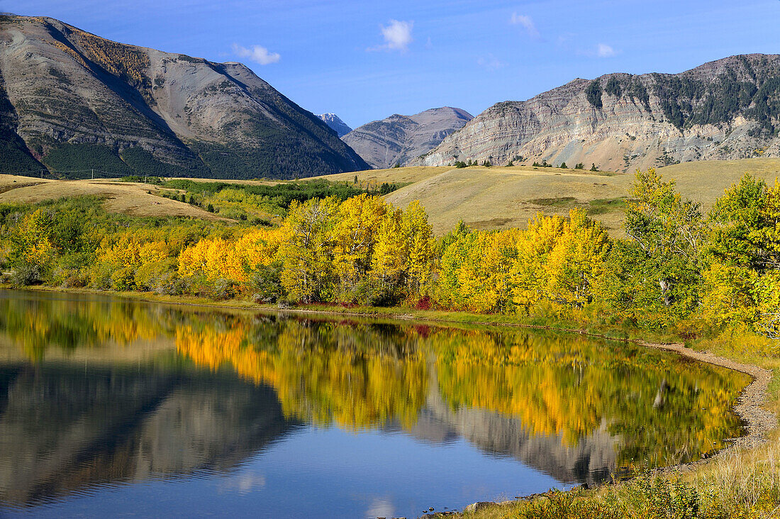 Autumn reflections in Lower Waterton Lake near the Waterton River