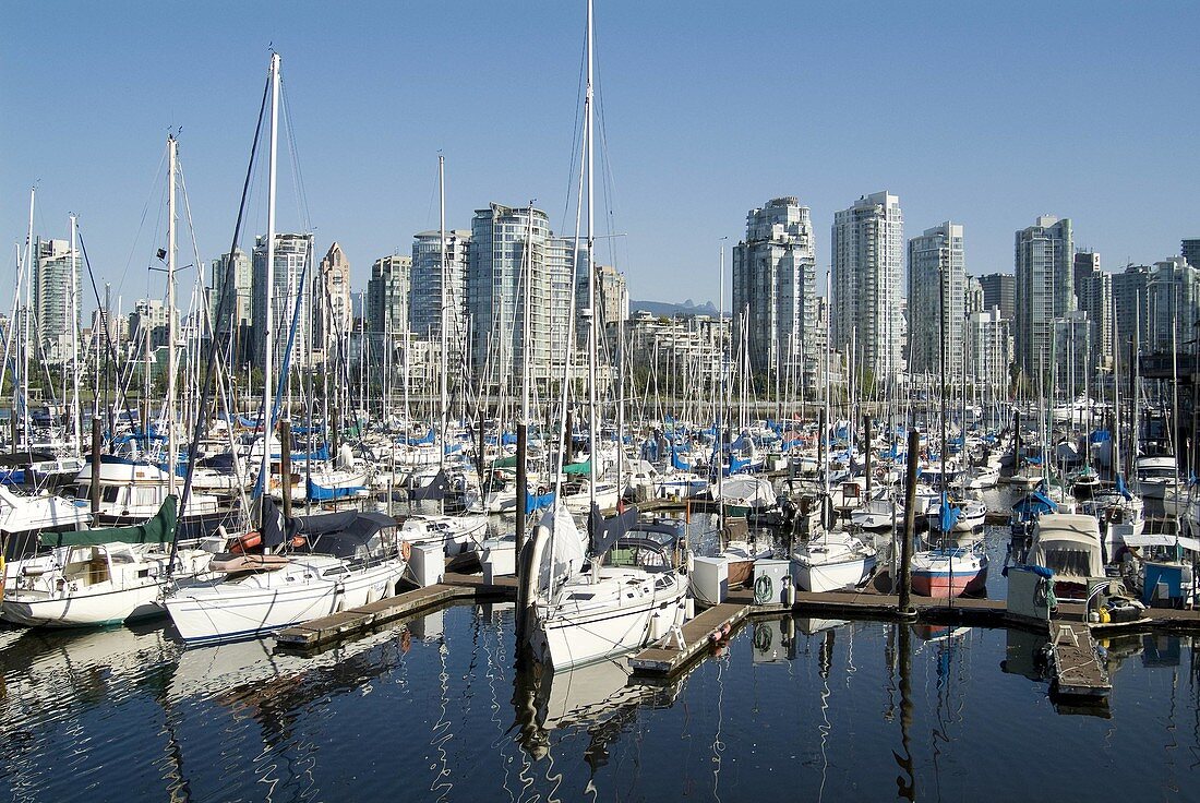 boats in marina in False Creek, Vancouver, BC, Canada