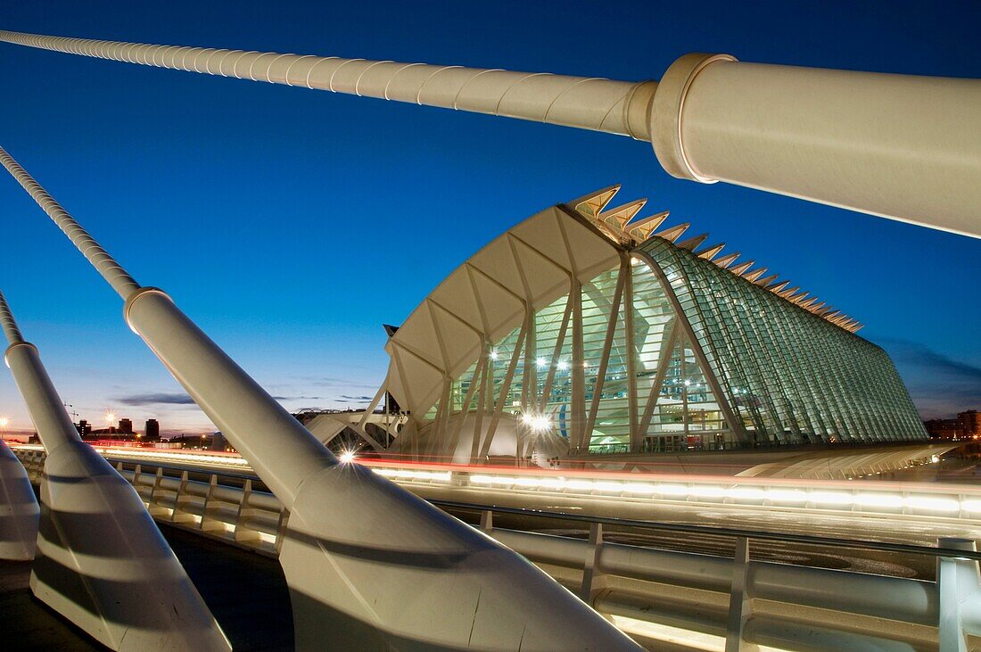 Wissenschaftsmuseum Príncipe Felipe von der Brücke L'Assut d'Or, Nachtansicht. Stadt der Künste und Wissenschaften, Valencia, Comunidad Valenciana, Spanien.