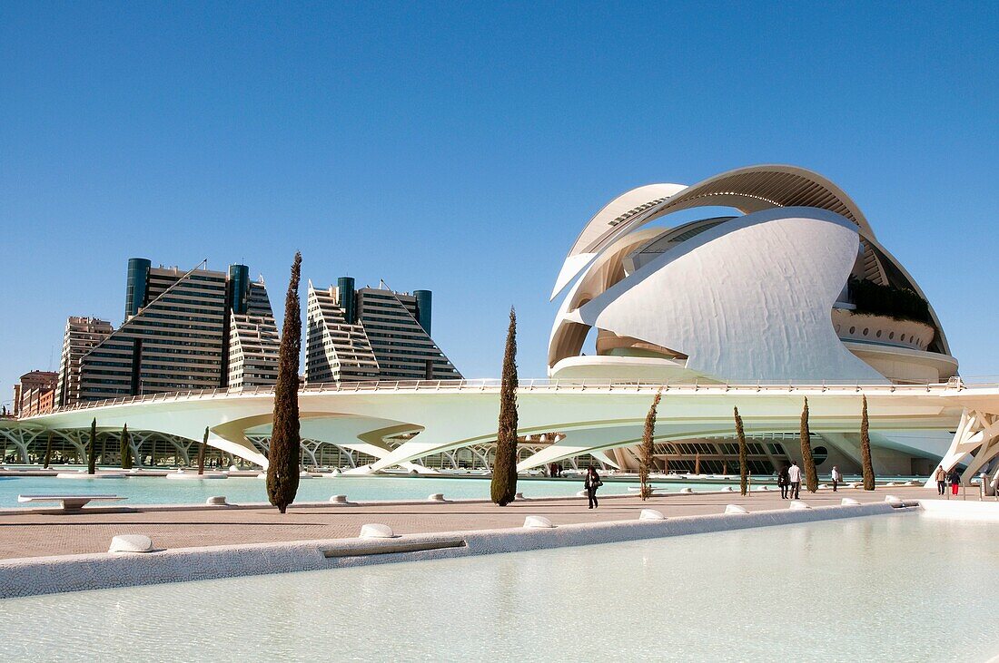 Palau de les Arts and Monteolivet bridge, City of Arts and Sciences. Valencia, Comunidad Valenciana, Spain.