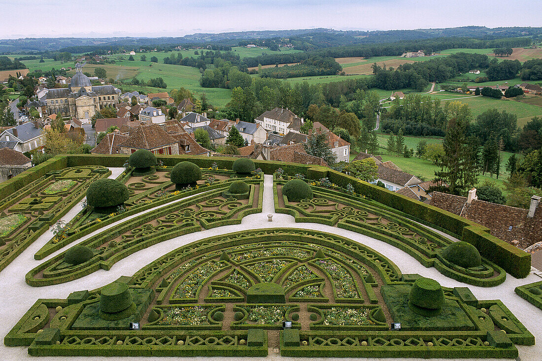 French-style gardens of the castle of Hautefort. Dordogne, Aquitaine, France