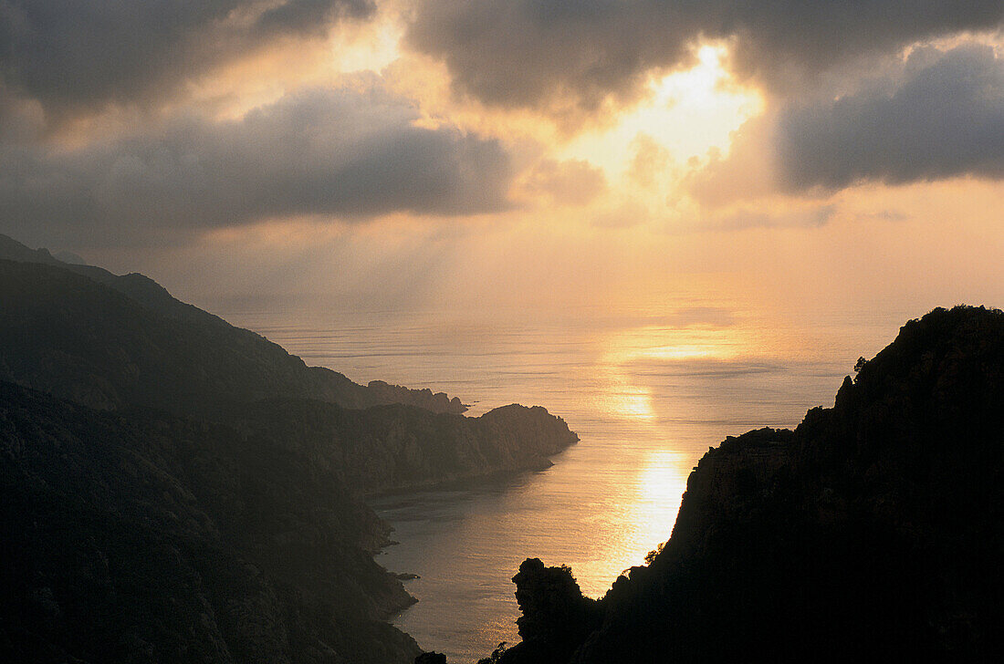 Porphyry rocks at sunset near Piana. Corse-du-Sud, Corsica Island, France