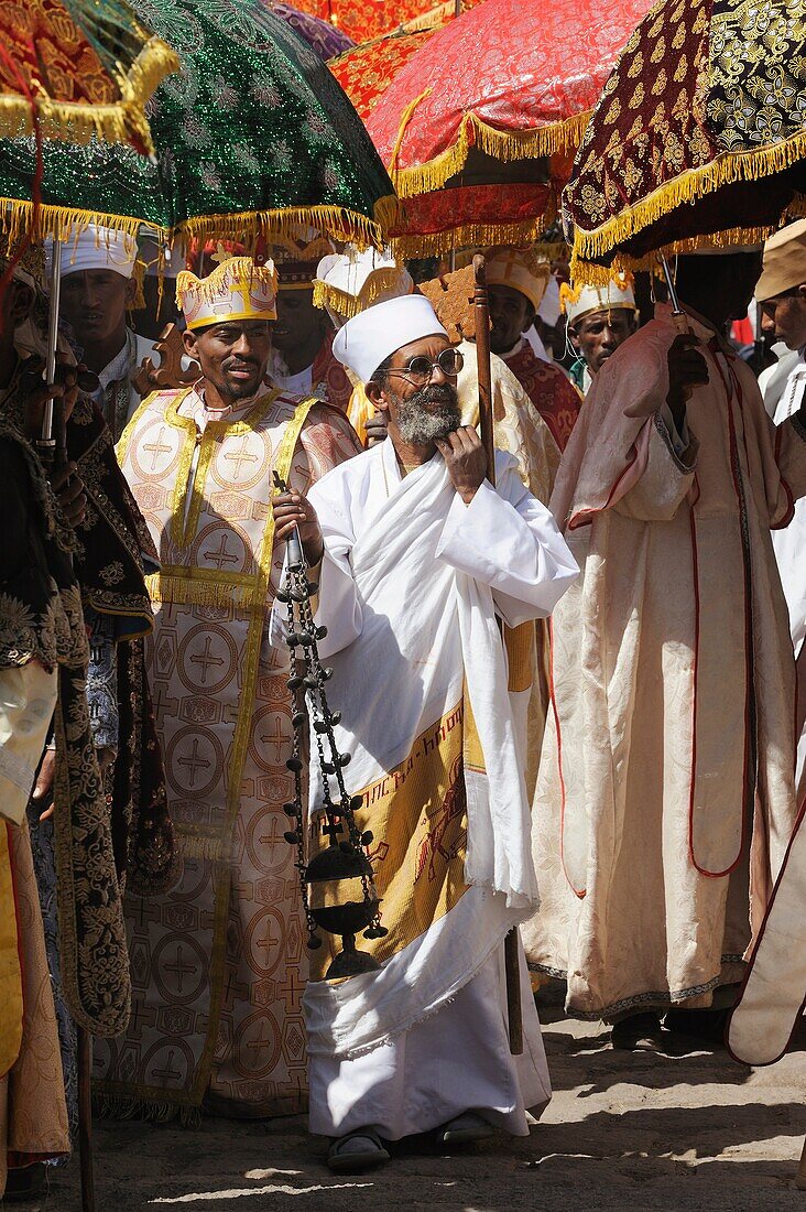 Ethiopia, Lalibela,Timkat festival   Every year on january 19, Timkat marks the Ethiopian Orthodox celebration of the Epiphany  The festival reenacts the baptism of Jesus in the Jordan River  Wrapped in rich cloth, the church Tabots replicas of the Ark of