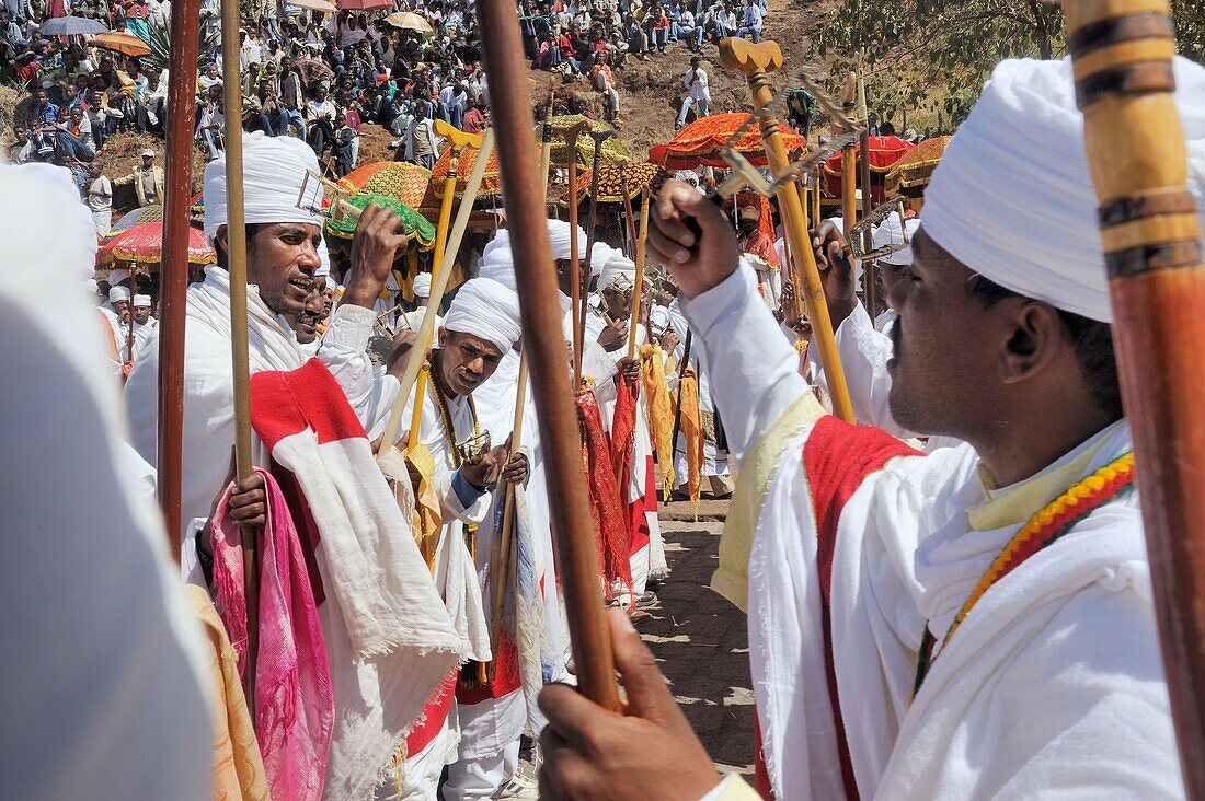 Ethiopia, Lalibela,Timkat festival, Ritual dance of the Dabtaras choristers  Every year on january 19, Timkat marks the Ethiopian Orthodox celebration of the Epiphany  The festival reenacts the baptism of Jesus in the Jordan River  Wrapped in rich cloth