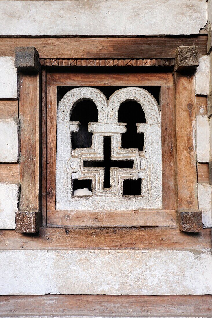 Ethiopia, Lalibela region, Aksumite style church of Yemrehanna Kristos 12th century, Cross shaped window