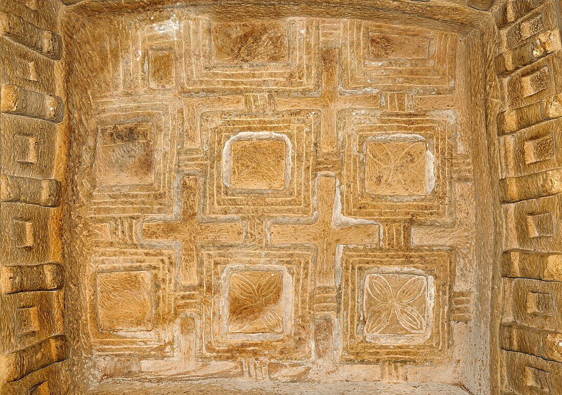 Ethiopia,Tigray, Takatisfi cluster, Rock-hewn church of Medhane Alem Kesho, Carved coffered ceiling