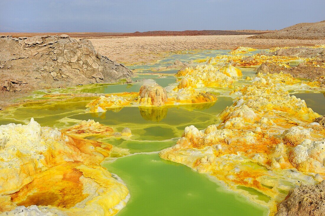 Ethiopia, Afar region, Danakil depression, Dallol, Sulfuric acid pond  Dallol is a volcanic explosion crater which was formed during a phreatic eruption in 1926, This crater and other similar ones nearby are the lowest known subaerial volcanic vents in th
