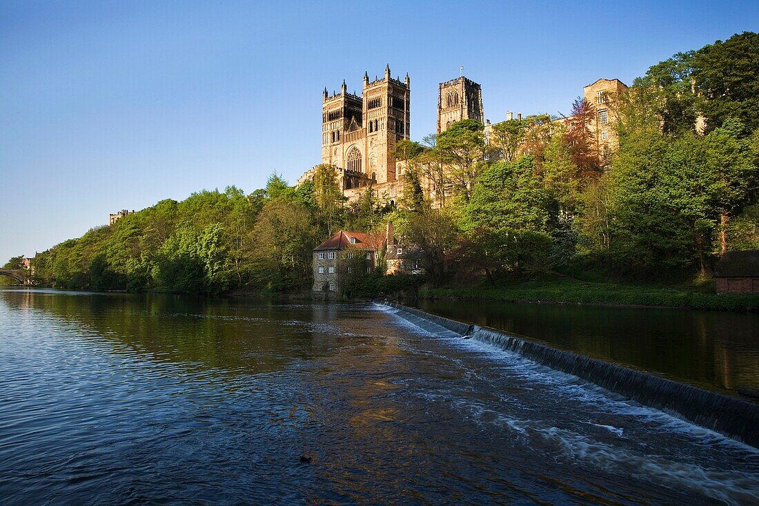 Durham Catherdral at Sunset in Spring from the Banks of the River Wear Durham England